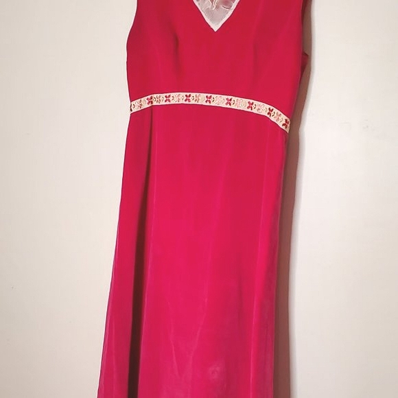 Fuchsia Floral Pink Velvet 70s Long Sleeveless Dress w Crepe Collar - Picture 2 of 13